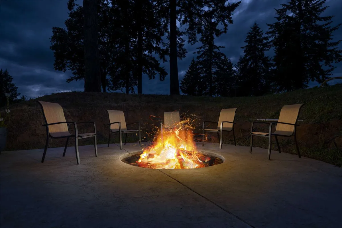 A glowing fire pit sits at the center of a circle of comfortable chairs, inviting guests to gather and enjoy the warmth. Night sets in, and the scene is set for storytelling, laughter, or simply gazing at the stars above. The background hints at expansive outdoor space.