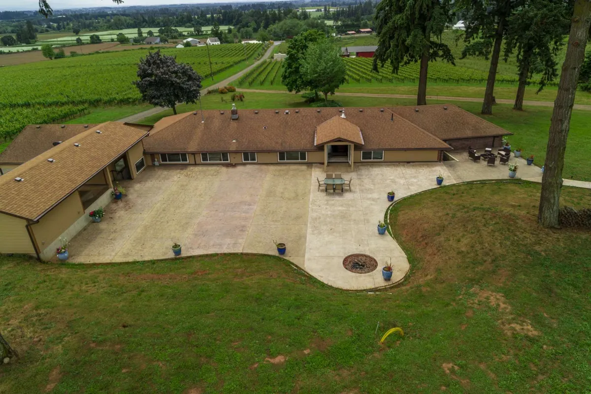The image showcases the spacious patio of The Blanchard Estate, complete with a stylish fire pit, comfortable seating areas perfect for gathering, and sweeping views of the surrounding vineyard basking in a golden sunset. The inviting scene hints at relaxed outdoor dining, wine tasting, and evenings spent stargazing with friends and family.